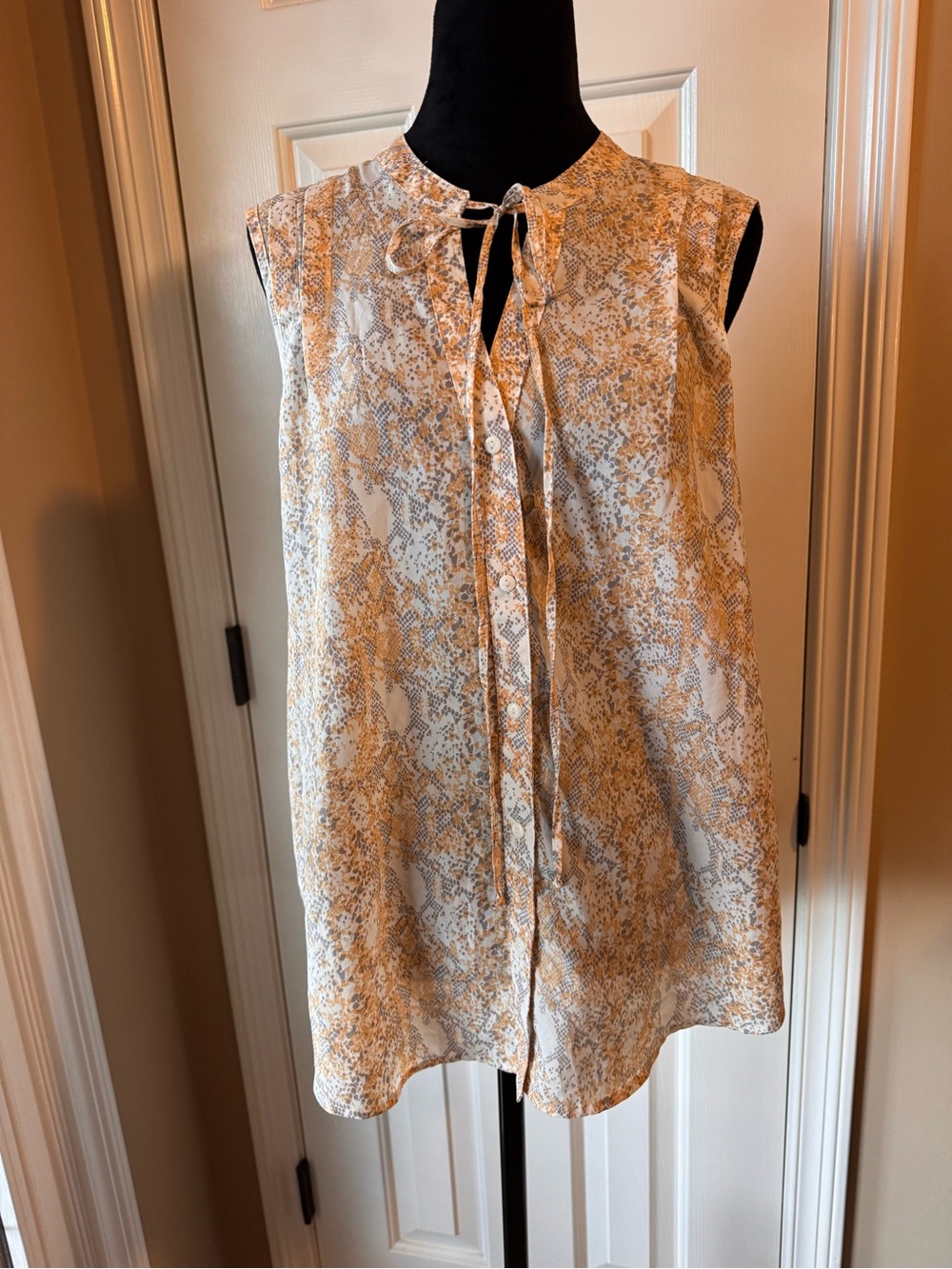Daniel Rainn Sleeveless Tie-Neck Button Down Blouse - White, Yellow & Gray -Lg - Picture 2 of 9